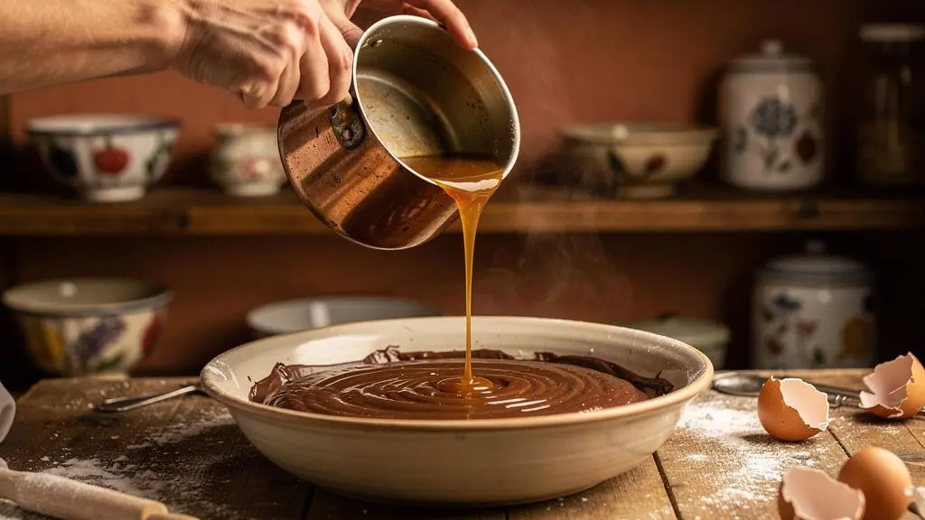 Filet de caramel ambré versé dans une pâte à moelleux au chocolat, dans une cuisine française baignée de lumière naturelle