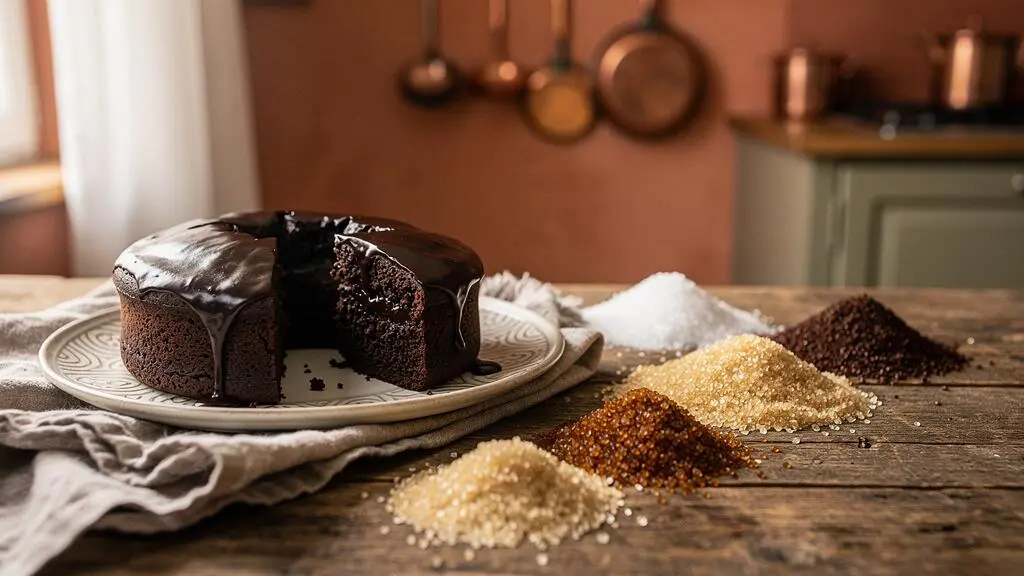 Comparaison visuelle d'un moelleux au chocolat sombre et humide obtenu grâce au sucre de canne complet, posé sur une table en bois dans une cuisine française