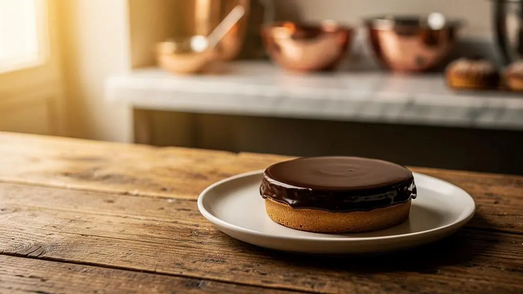Tarte au chocolat avec une ganache lisse et brillante, présentée dans un cadre de pâtisserie française raffinée