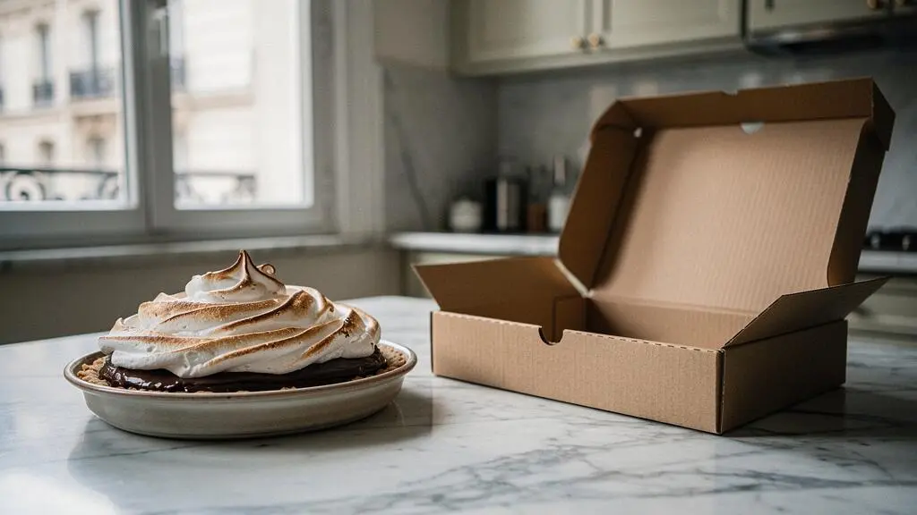 Tarte au chocolat meringuée posée à côté d'une boîte pâtissière rigide ouverte, prête pour le transport