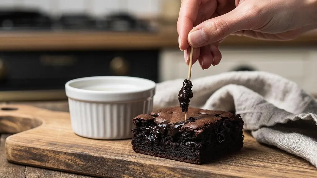 Gros plan sur un cure-dent en bois plante dans un brownie fondant au coeur fudgy, dans une cuisine francaise