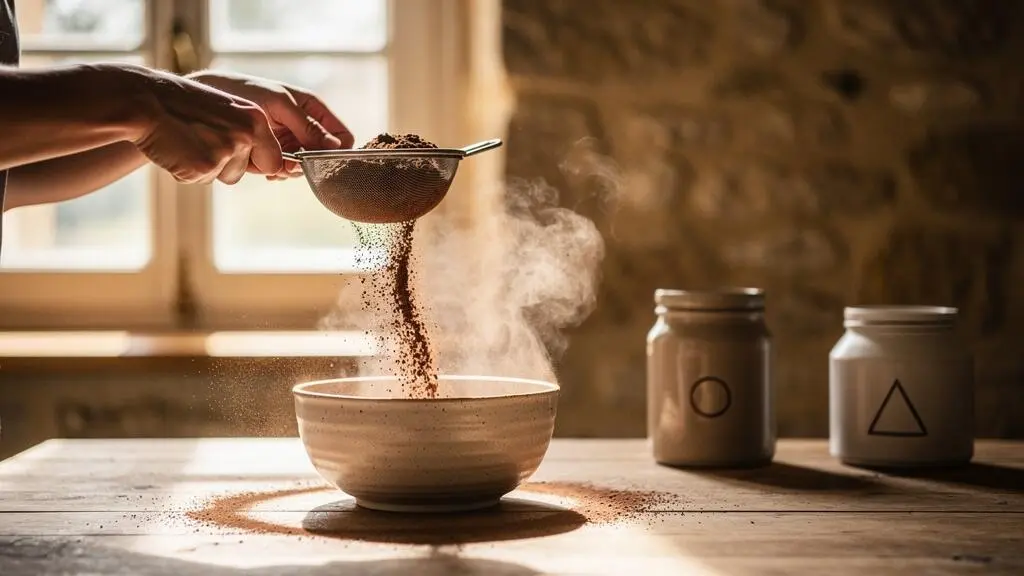 Cuillerée de cacao en poudre légèrement torréfié fumant doucement dans une cuisine française baignée de lumière naturelle