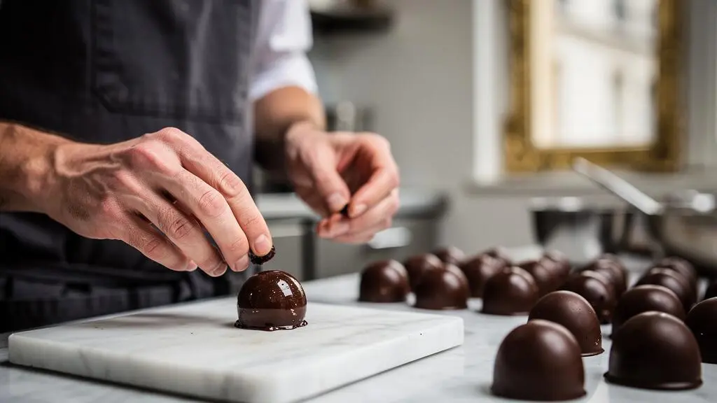 Truffes au chocolat noir brillantes et croquantes disposées sur une plaque de marbre dans un atelier de pâtisserie français