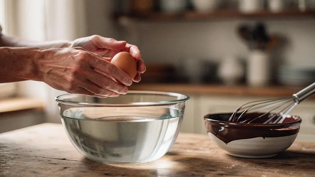 Main testant la fraicheur d'un oeuf au-dessus d'un bol d'eau dans une cuisine francaise avant de le casser pour un moelleux au chocolat