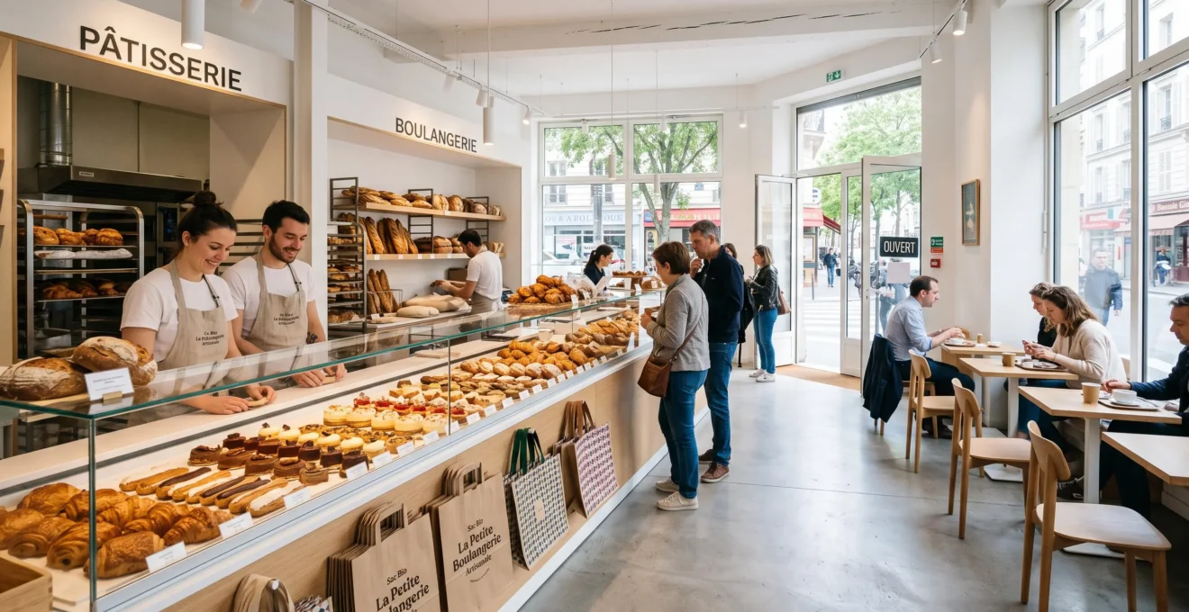 Vue d'ensemble d'un comptoir de pâtisserie contemporaine avec différents types de sacs écologiques visibles naturellement sur le plan de travail